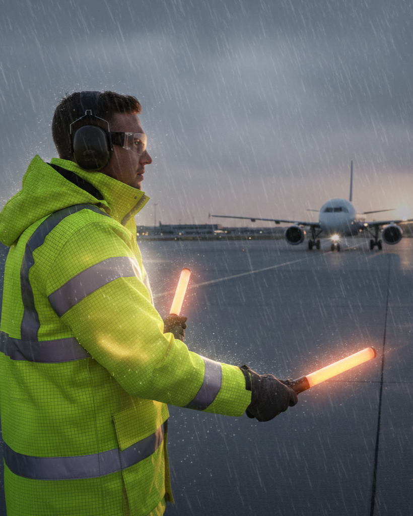 Hombre trabajador con chamarra S774 impermeable en aeropuerto